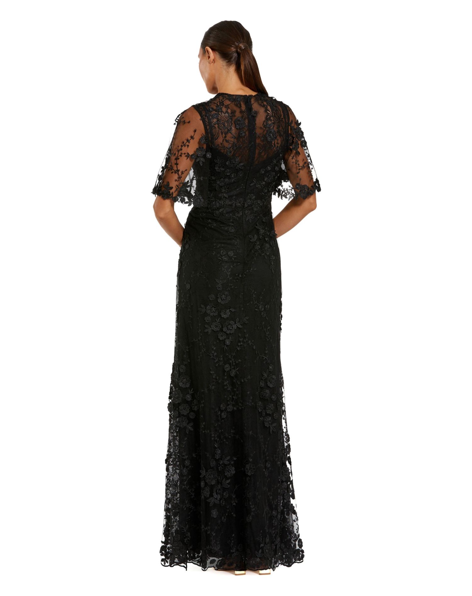 Women's Flutter Sleeve Floral Emboridered Net Gown