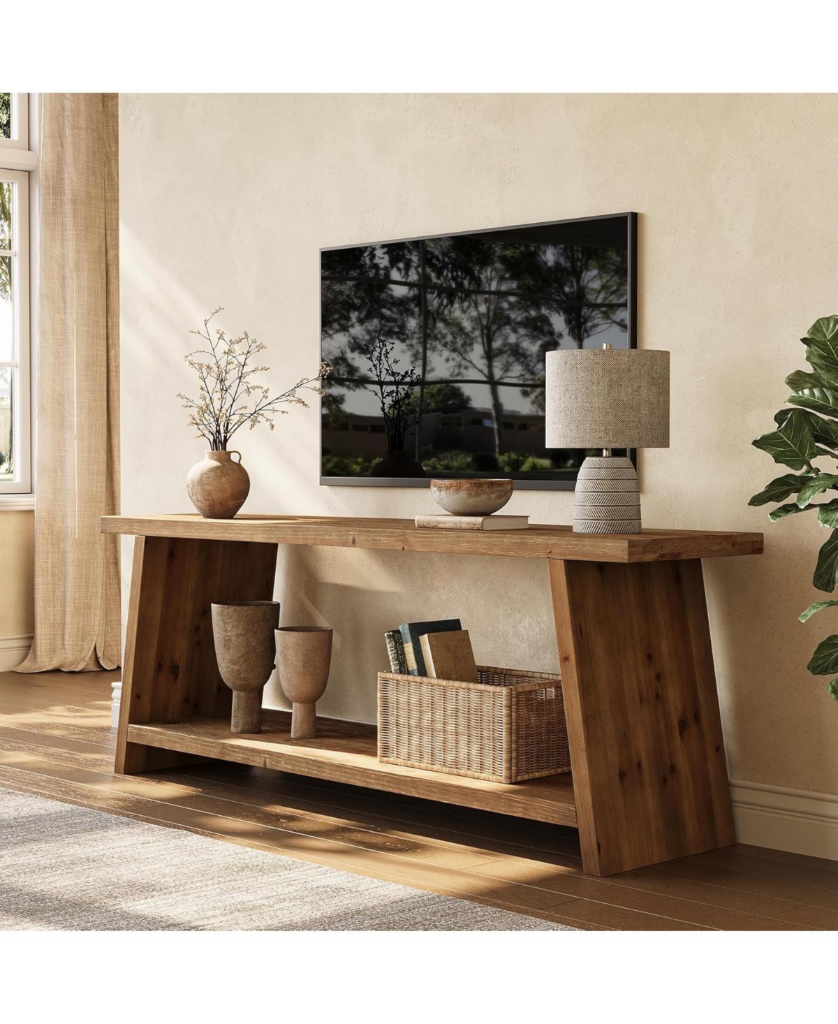 Tribesigns Solid Wood Tv Stand, 63-Inch Farmhouse Media Console for 55-65 inch Tv,Entertainment Center, Brown