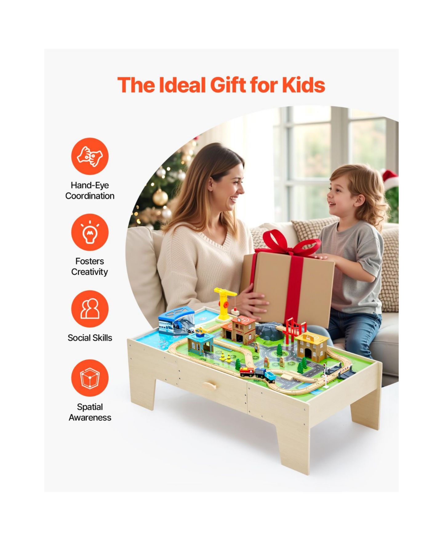 Детские конструкторы Slickblue Train 62-Piece Wooden Activity Table with Storage Drawer, Ages 2-5 Years, цвет: Натуральный — фото 4