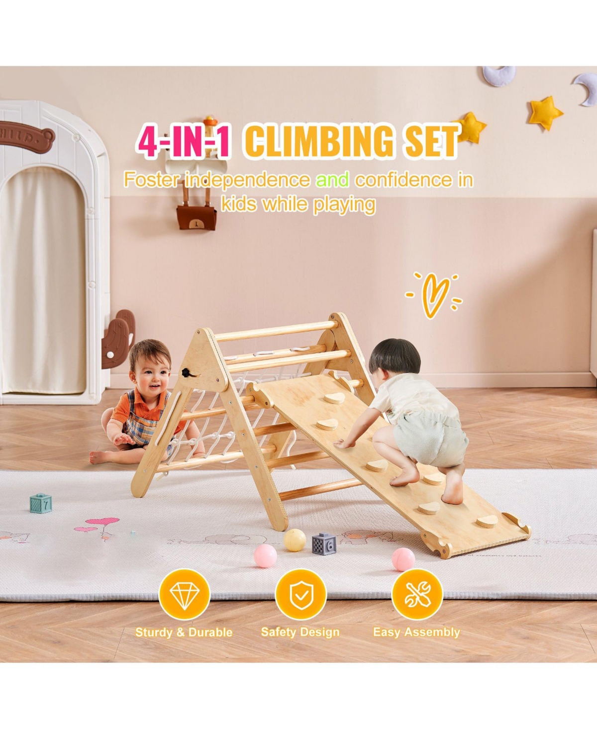 Mecale Pikler Triangle Set, 4-in-1 Montessori Climbing Gym w/ Triangle & Ramp, Large Wooden Set, Ages 1-3