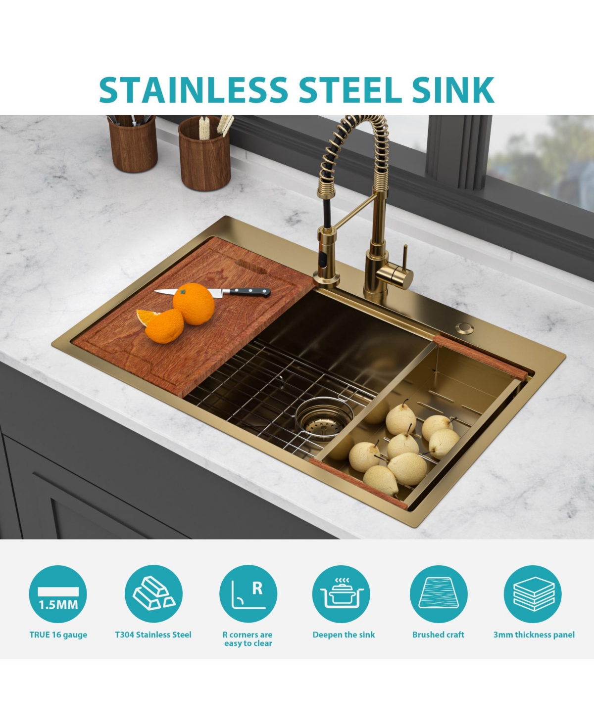 flynama 33x22x10inch Drop in Gold Kitchen Sink Workstation Stainless Steel Single Bowl 16 Gauge