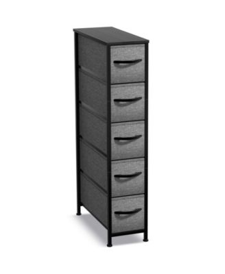 Narrow Dresser with 5 Drawers - Steel Frame, Wood Top & Easy Pull Fabric Bins
