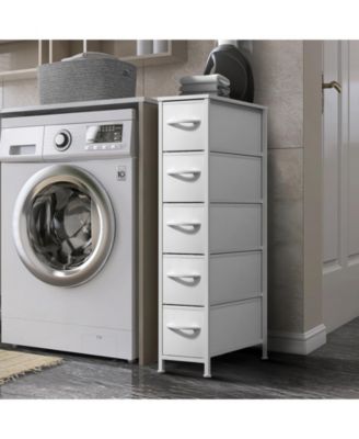 Narrow Dresser with 5 Drawers - Steel Frame, Wood Top & Easy Pull Fabric Bins