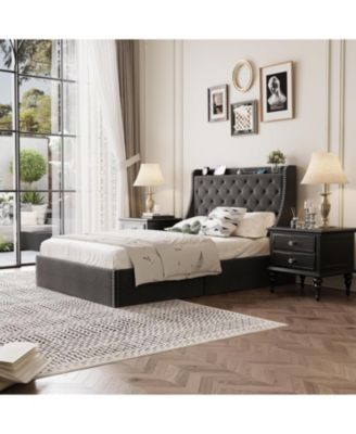 Wingback Headboard 4-Drawer Velvet Upholstered Platform Bed Frame with Charging Station