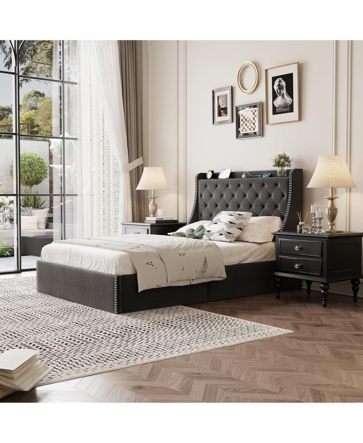 gaomon Wingback Headboard 4-Drawer Velvet Upholstered Platform Bed Frame with Charging Station