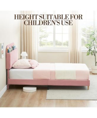 Bed Frame with Bookcase Headboard - Upholstered Velvet Platform Bed, 890LB Capacity, Noise-Free, Heavy-Duty Steel Legs, Easy Assembly