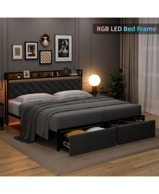 LED Bed Frame with Headboard Upholstered Platform Bed with Charge Station and Storage Drawers Heavy Duty Metal Slats No Box Spring Needed