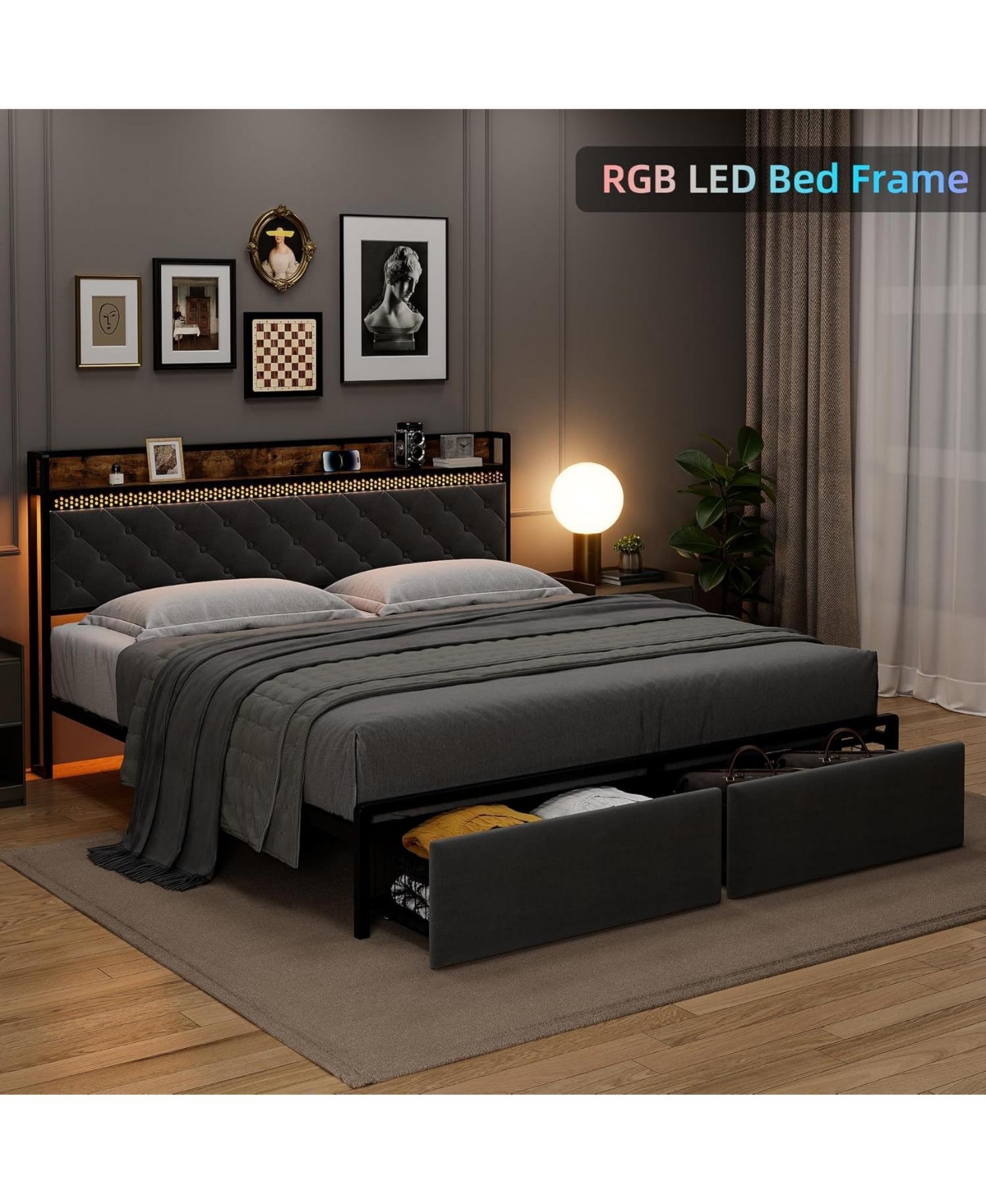gaomon Led Bed Frame with Headboard Upholstered Platform Bed with Charge Station and Storage Drawers Heavy Duty Metal Slats No Box Spring Needed