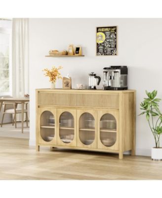 55" Large Sideboard Buffet Cabinet with Storage, 4 Glass Doors & Fluted Drawer Fronts, Beige/Khaki