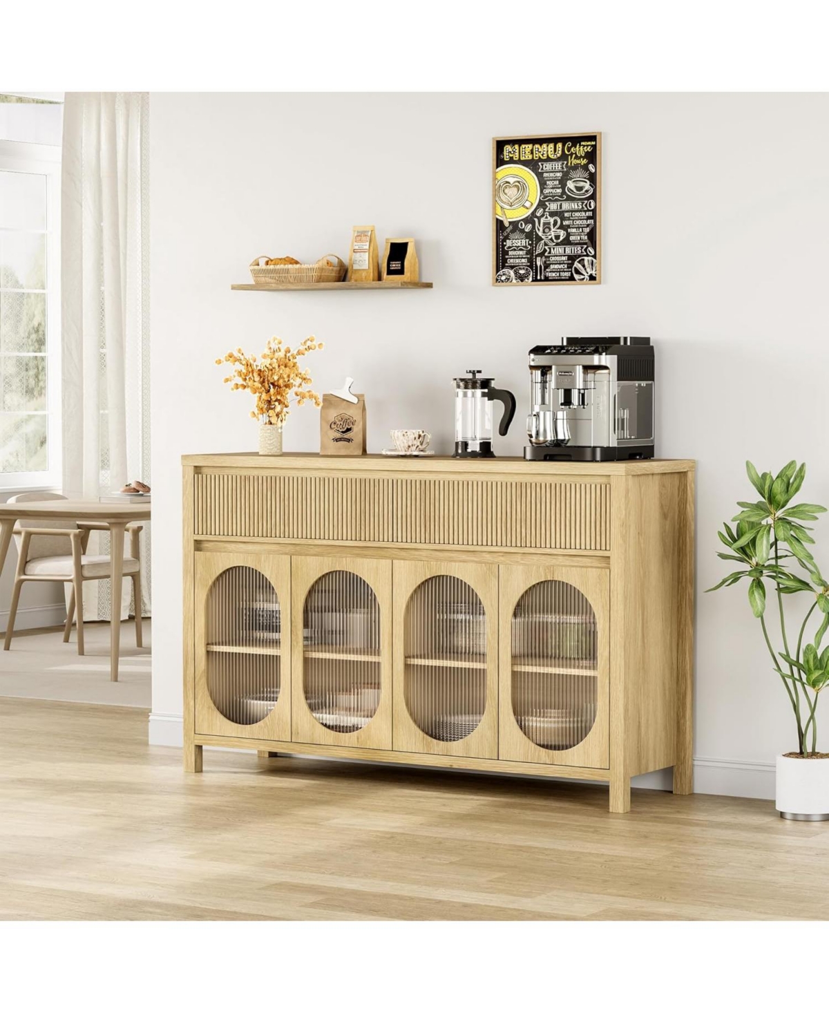 gaomon 55" Large Sideboard Buffet Cabinet with Storage, 4 Glass Doors & Fluted Drawer Fronts, Beige/Khaki