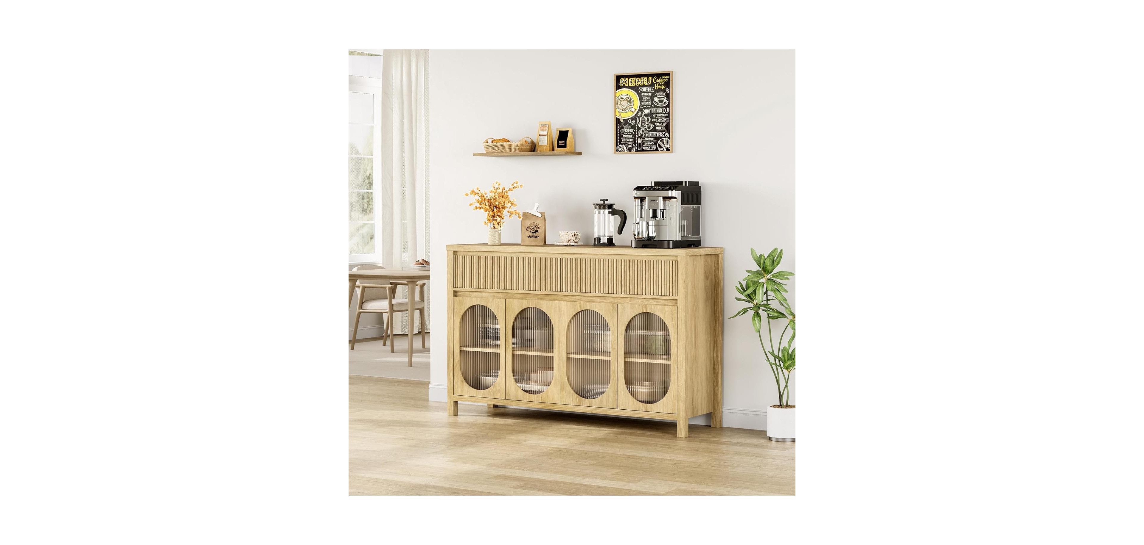 gaomon 55" Large Sideboard Buffet Cabinet with Storage, 4 Glass Doors & Fluted Drawer Fronts, Beige/Khaki