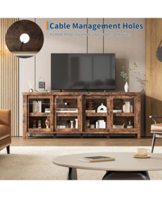 TV Stand for 65 Inch TV, Mid-Century Modern Entertainment Center with Sliding Glass Doors, Brown