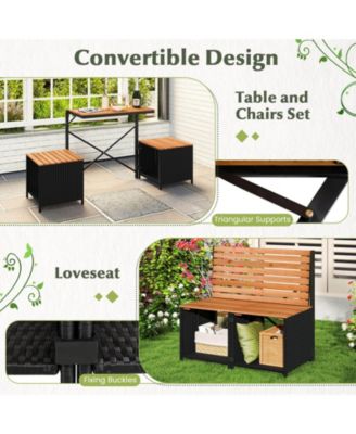2-in-1 Outdoor Convertible Bench with Metal Frame PE Rattan Table and Chairs Set