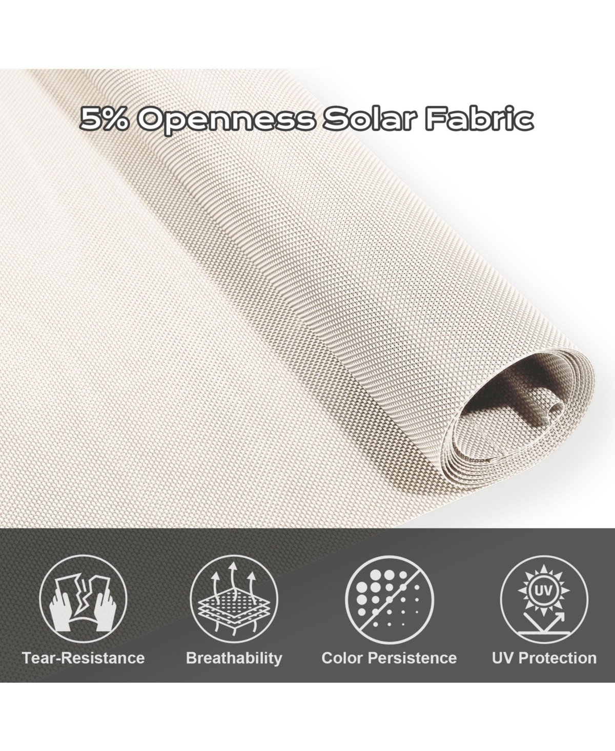 Aoodor 5% Openness Cordless Solar Fabric Roller Shade, Sun Shade for Outdoor Gazebo or Pergola, 95% Uv Protection Blinds Porch Backyard