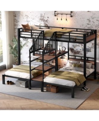 Triple Metal Bunk Bed with Shelves & Stairs