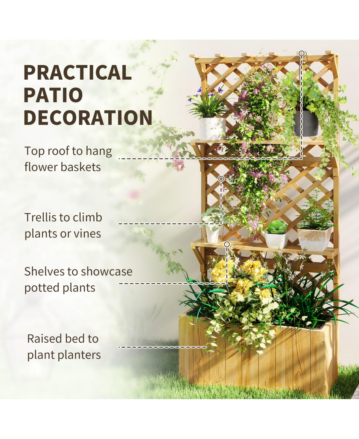 Outsunny Raised Garden Bed with Trellis and Plant Shelf, Natural