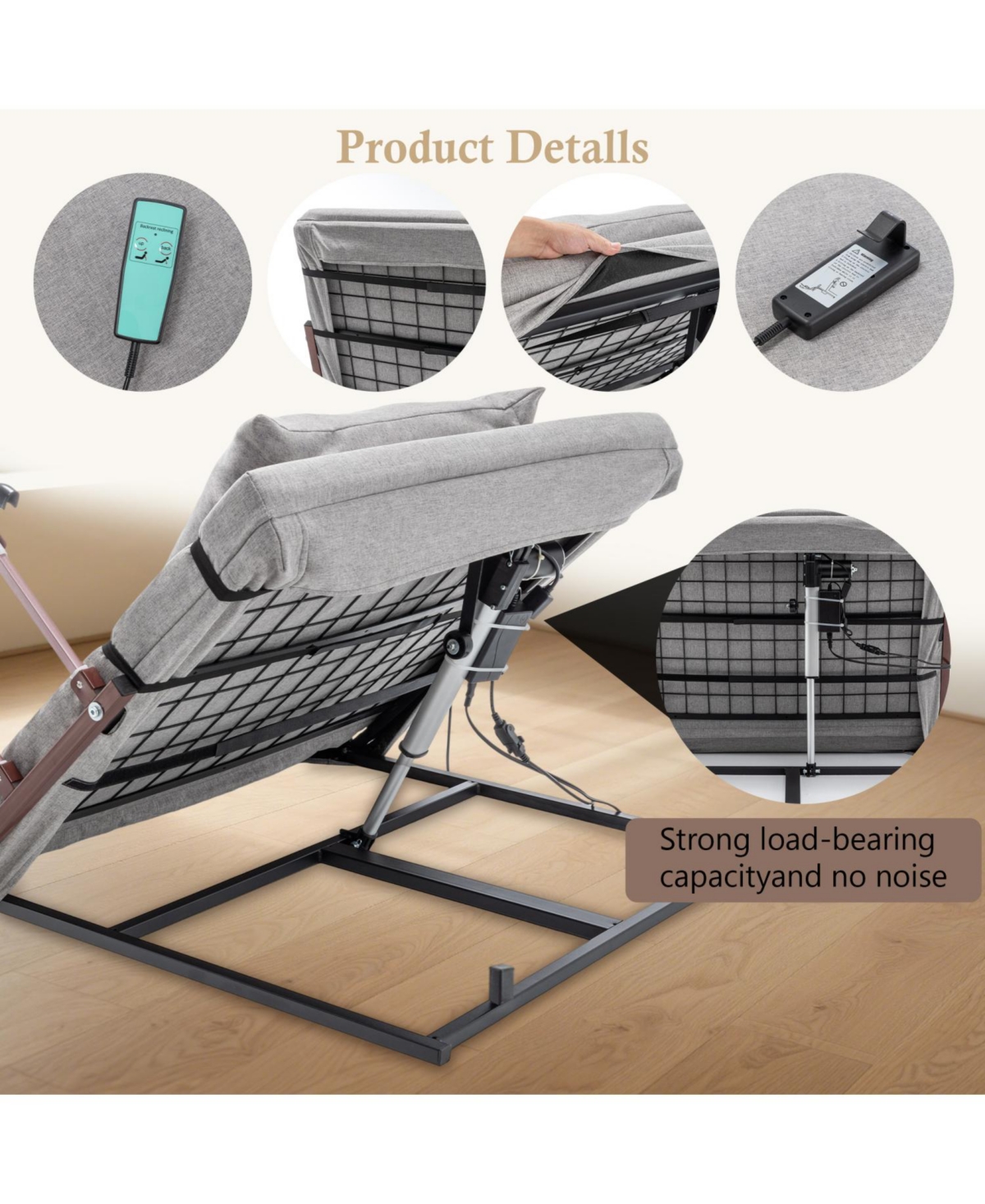 Streamdale Furniture Adjustable Bed Backrest w/ Safety Rails, Remote, for Elderly/Patients