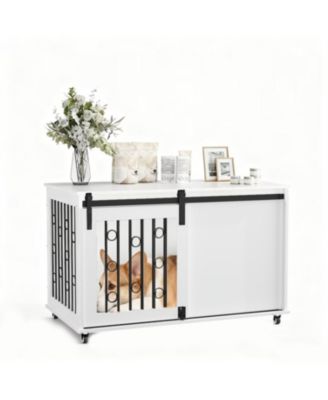  Dog Crate with Metal Bars and Lockable Wheels in White
