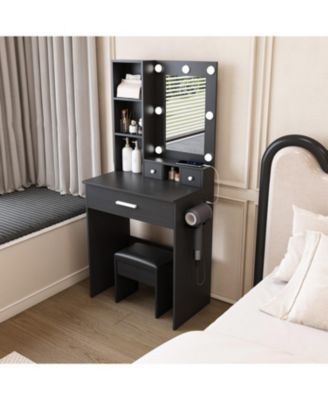 Vanity Table with LED Lights, Power, Hairdryer Holder & Stool - Black