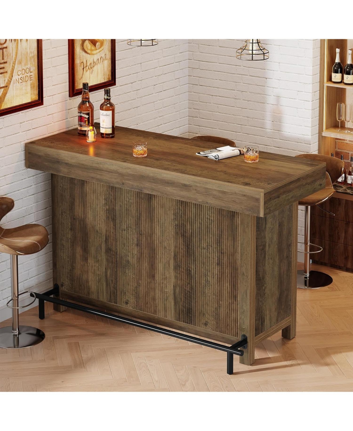 Tribesigns 57.48-Inch Kitchen Cabinet & Bar Table, Industrial Counter Height Pub Table with 2-Tier Storage