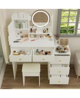 Vanity Desk with Mirror, Lights, & Chair