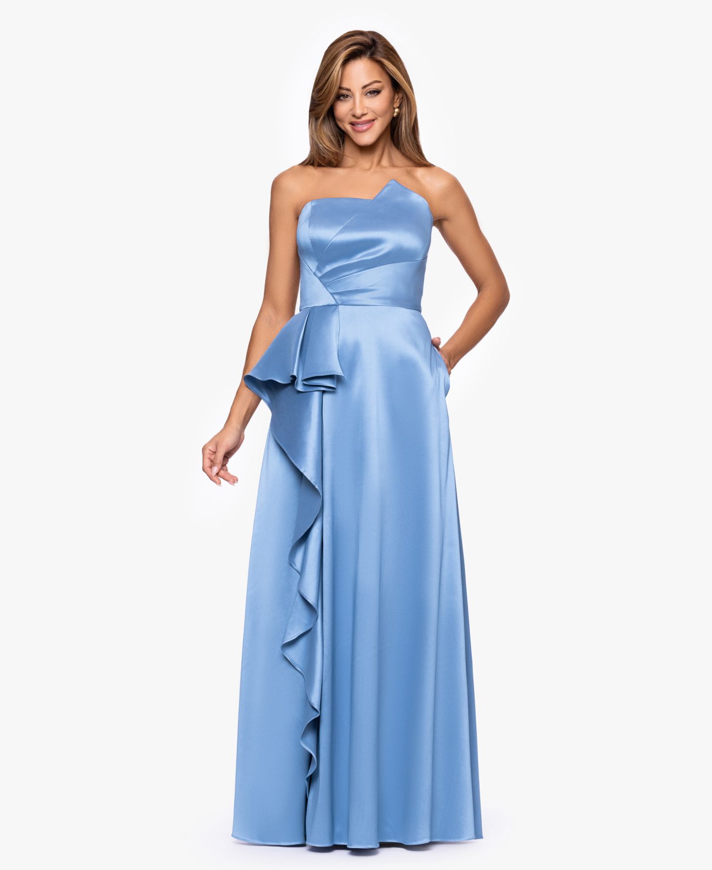 Женское платье XSCAPE Strapless Side Ruffle Satin Ball Gown, цвет: Сланцевый — фото 1