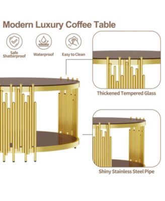 31.5" Modern Gold Coffee Table, Brown Tempered Glass, Stainless Steel Legs