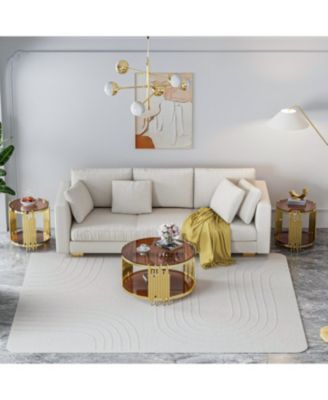 31.5" Modern Gold Coffee Table, Brown Tempered Glass, Stainless Steel Legs