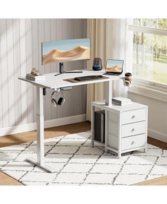 47x24" Sit-Stand Desk Height Adjustable Computer Desk with 2 Hooks, Storage Drawers, Printer Cabinet, Brown