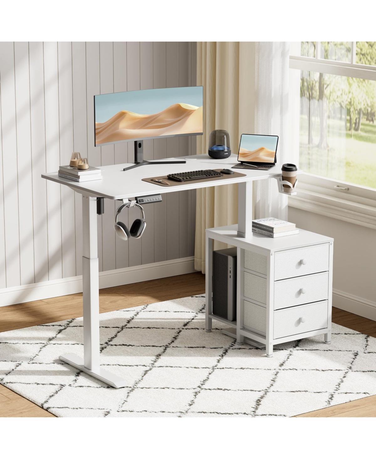 Homlux 47x24" Sit-Stand Desk Height Adjustable Computer Desk with 2 Hooks, Storage Drawers, Printer Cabinet, Brown
