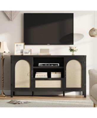 59.1" Rattan Buffet Cabinet with Storage, Kitchen Coffee Bar with Doors and Drawer, Black