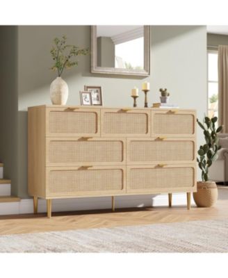 Rattan 7 Drawer Dresser for Bedroom, Tall Chest of Drawers with Deep Storage and Wide Top, Beige