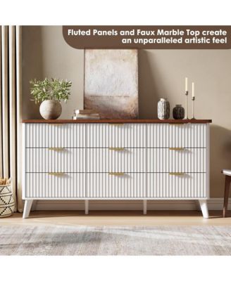 Fluted Dresser for Bedroom, 9 Deep Drawer Modern Wood Storage Chest, White