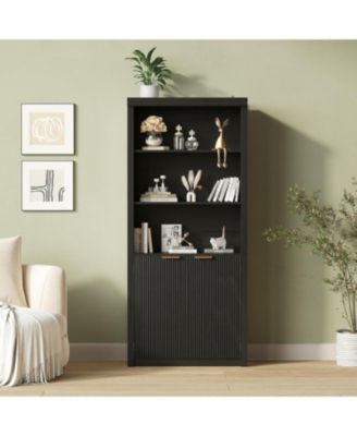5-Tier Bookcase with Storage Cabinet & Adjustable Shelf, Mid-Century Modern Bookshelf for Home Office, Black