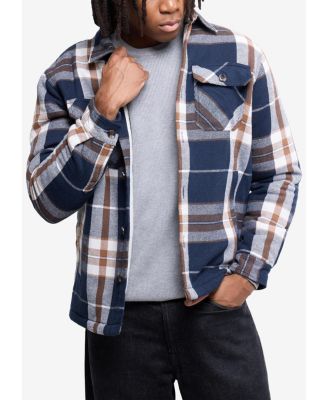 Men's Cotton Plaid Flannel Button-Up Shirt Jacket With Faux Shearling Lining