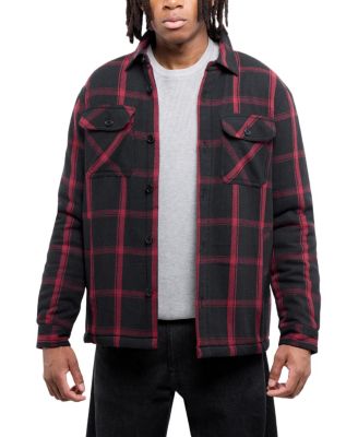 Men's Cotton Plaid Flannel Button-Up Shirt Jacket With Faux Shearling Lining