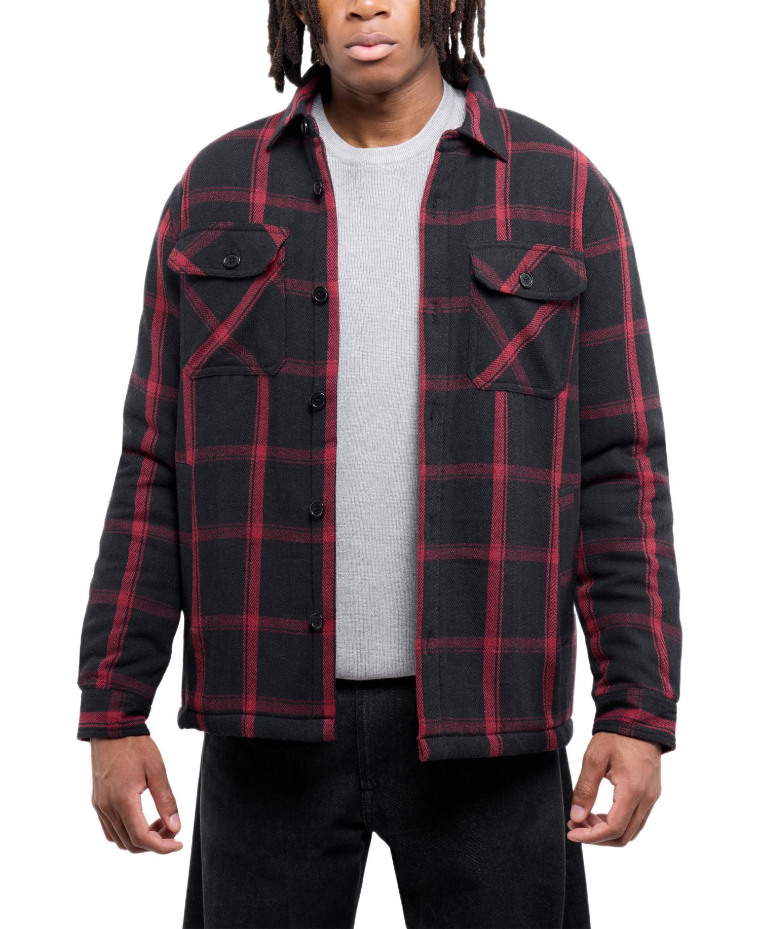 Men's Cotton Plaid Flannel Button-Up Shirt Jacket With Faux Shearling Lining