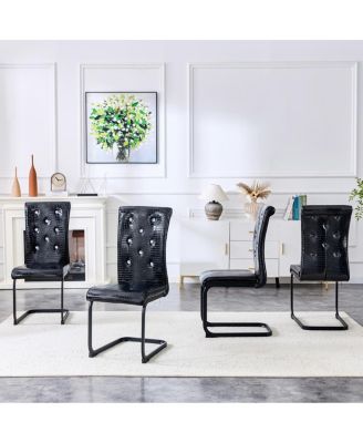  Set of 2 Retro Alligator Upholstered Dining Chairs with Crystal Buckle, Black Legs