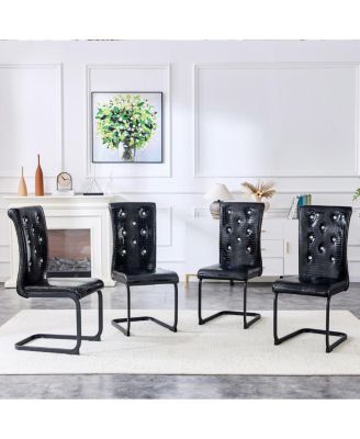  Set of 4 Retro Alligator Upholstered Dining Chairs with Crystal Buckle, Black Legs