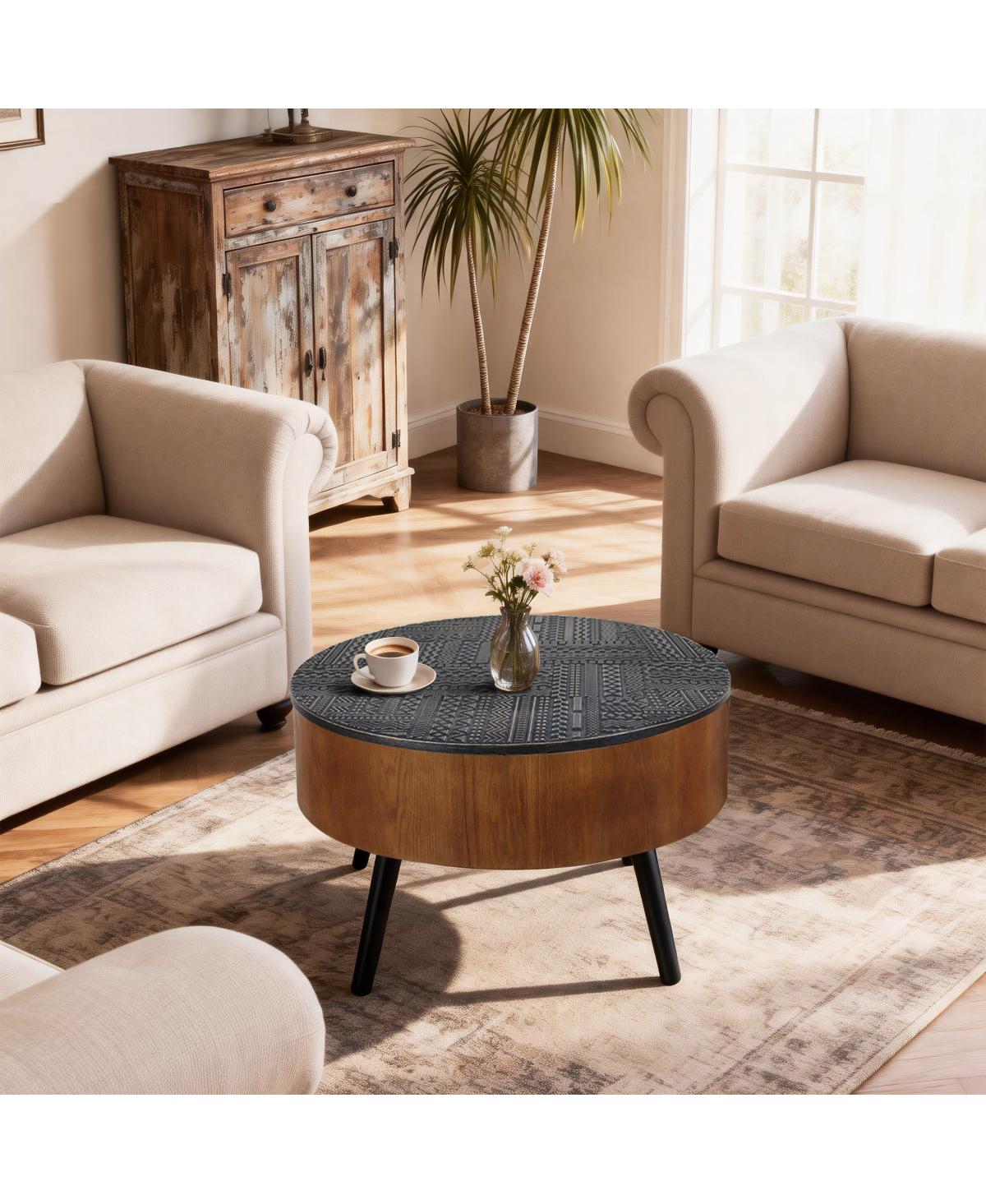 Streamdale Furniture 31.5" Round Carved Coffee Table with Storage - Mid-Century Modern (Brown/Black