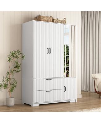 Streamdale 4-Door Wardrobe w/ Mirror, LED, 2 Drawers, Rod, Shelves, White