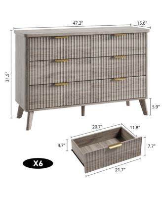 Fluted Dresser for Bedroom, 6 Deep Drawer Modern Wood Storage Chest, Grey