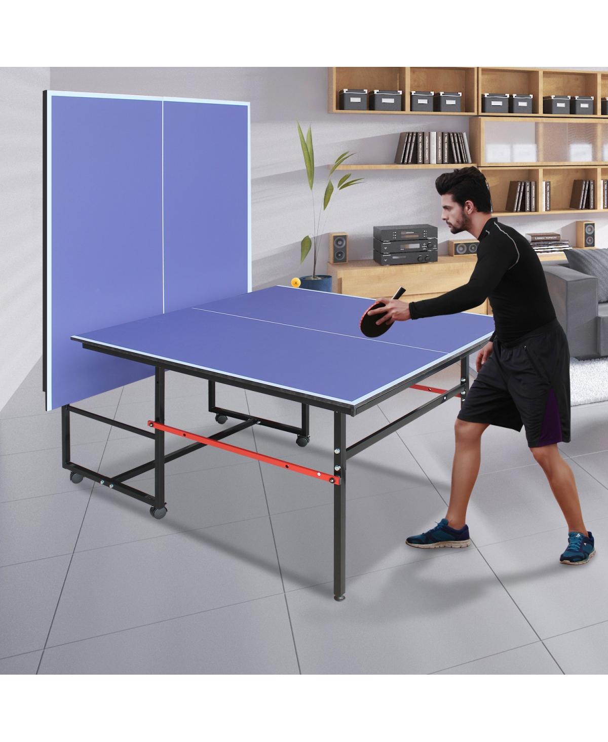 Baofuwish 8FT Indoor Table Tennis Table Set with Foldable Mdf Surface, Portable Black Ping Pong Table with Net, 2 Paddles and 3 Balls for Home Use