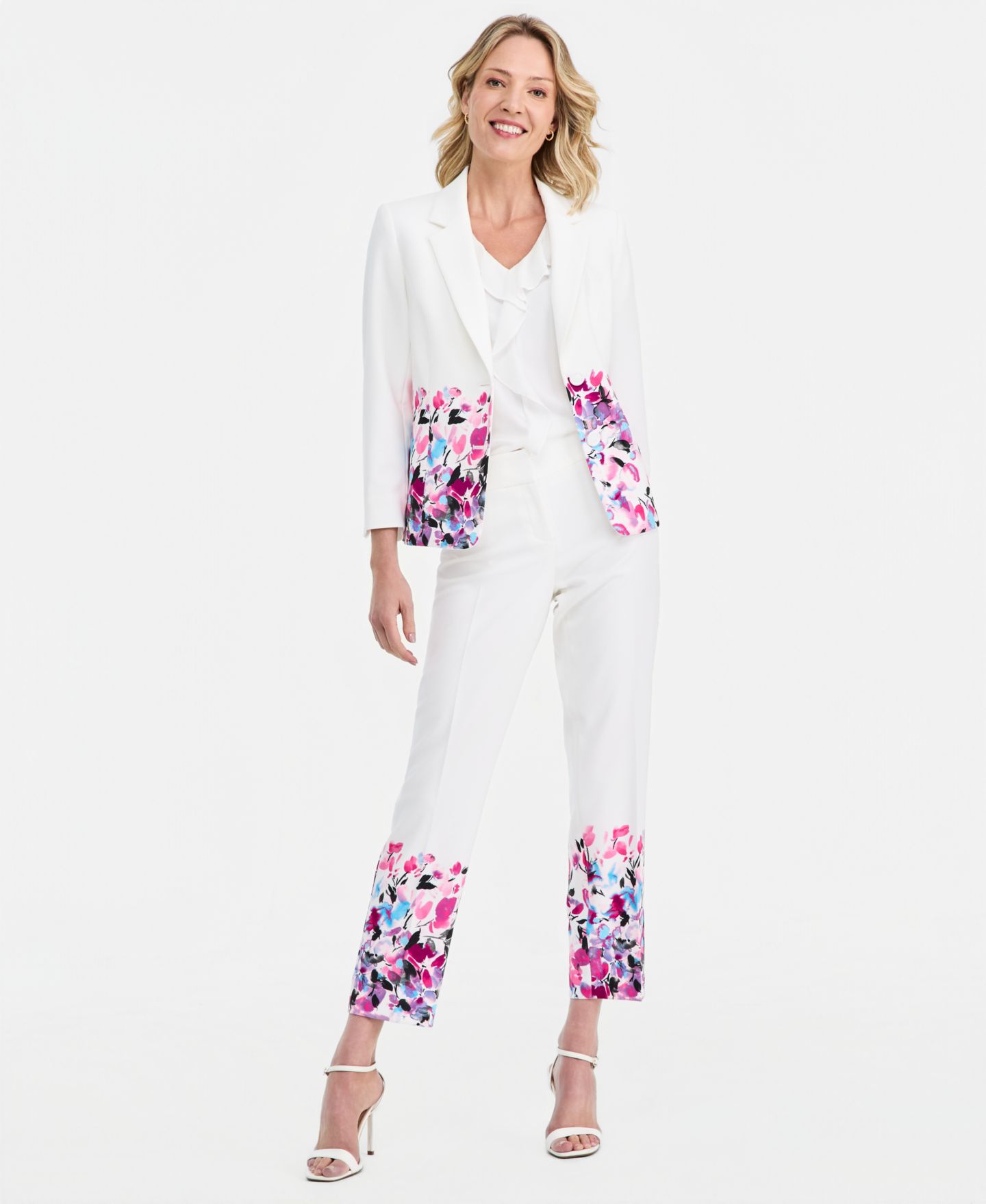 Женский пиджак Kasper Petite Floral-Print Double-Button Blazer, цвет: Белый разноцветный — фото 2