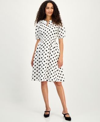 Women's Polka Dot Puff-Sleeve Midi Dress, Regular & Petite