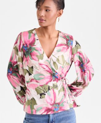 Women's Long Sleeve Printed Wrap Blouse