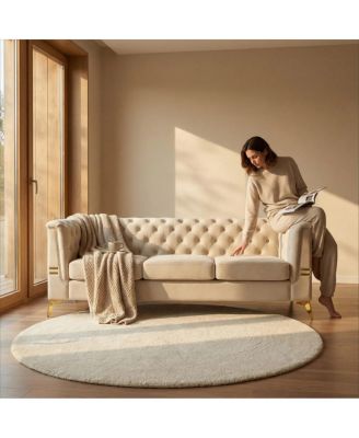  Luxurious Faux Sherpa Sofa with Gold Accents & Removable Cushions