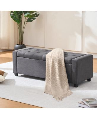 Storage Bench for End of Bed, Faux Linen Upholstered Ottoman with Arms
