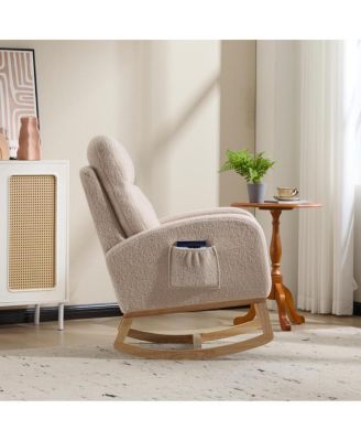 Modern Accent Rocking Chair with Solid Wood Legs & Side Pocket