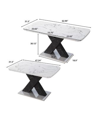Modern Rectangle Dining Table, Stretchable, Marble Top, X-Shape Leg